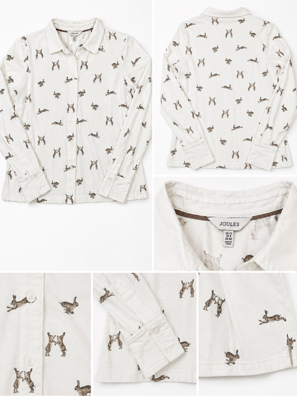 Joules Rabbit Hare Print Button Down Shirt Women’s US 8 UK 12